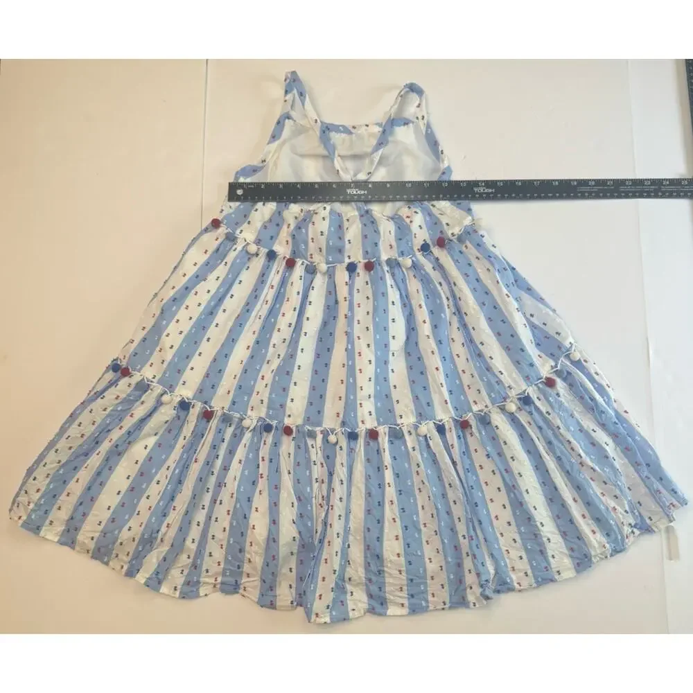 Tommy Bahama Girls Red White Blue Pom Pom Tiered Lined Sundress Patriotic 12 NWT